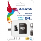 Карта памяти MicroSD 64GB A-Data UHS-I Class 10 + SD адаптер